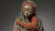 A whimsical ceramic figure adorned with a crocheted shawl showcasing the unexpected pairing of clay and fiber in art..