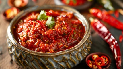 Canvas Print - A bowl of homemade Thai chili paste, showcasing the rich color and intense flavor of this staple condiment.