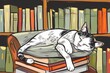 Cartoon cute doodles of a friendly bookstore cat curled up on a stack of books, peacefully snoozing as customers, Generative AI