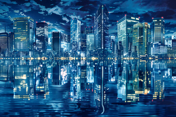 Wall Mural - A city skyline is reflected in the water