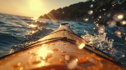 A detailed view of a kayak floating on the water. The kayak is brightly colored and the water is calm, reflecting the surroundings.