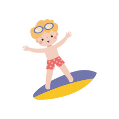 Wall Mural - cute surfer kid character with surfboard on beach. Happy young surfer on the crest wave, flat vector illustration isolated on white background summer time 