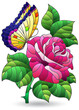 An illustrations in a stained glass style with bright rose flower and butterfly, isolated on a white background