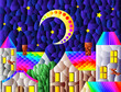 Illustration in the style of a stained glass window with an urban landscape against the background of the night starry sky and the moon