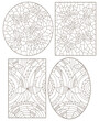 A set of contour illustrations in stained glass style with abstract butterflies, dark outlines on a white background