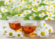 cups of chamomile tea and fresh chamomile flowers on meadow background