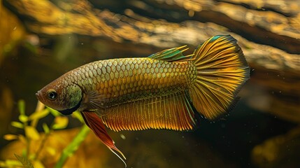 Close-up of a female Betta fish displaying her vibrant tail fin as she swims gracefully in a freshwater tank, showcasing the natural beauty and elegance of these popular aquarium fish.