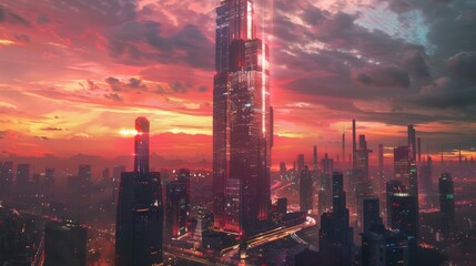Aufkleber - A modern skyscraper ablaze with lights, towering above the city skyline and symbolizing progress and innovation.