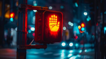 Poster - A pedestrian crossing signal displaying a red hand symbol, indicating pedestrians to wait before crossing the street.
