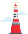 Sea lighthouse red nautical beacon construction tower with sky and sun vector flat illustration