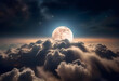 A moon in a dramatic night sky with clouds and stars