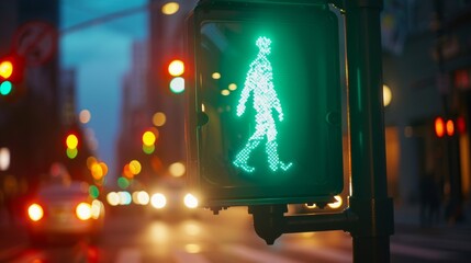 Wall Mural - A pedestrian crossing signal with a green walking figure, indicating pedestrians to proceed with caution across the street.