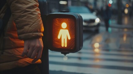 Wall Mural - A pedestrian pushing the button at a crosswalk signal, activating the pedestrian walk signal for safe crossing.