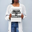 © peopleimages.com - Screen, information and woman with tablet in studio for cyberbullying, activism or security. Digital banner, poster and person with tech for social media, online safety and privacy on gray background