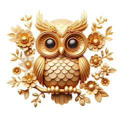 Wall Mural - a 3D cute gold Owl with flowers white background, simple, minimalist