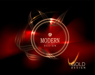 Wall Mural - Isolated golden round frame with red blotch on black background.