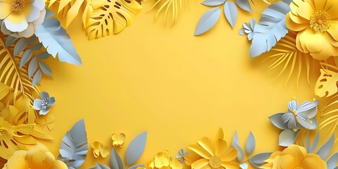 HD, 16k, empty space in center area, beautiful retro modern trendy Paper cut flowers bold and big 3D, minimalis element, yellow background aspect ratio 2:1