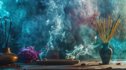 Poster - Colorful smoke from incense sticks wafting through a tranquil meditation space, creating a serene ambiance.
