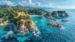 © sorapop - Aerial Costa Brava, rugged beaches and azure waves, rocky shores caressed by surf, vibrant, wide banner, AI Generative
