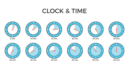 Wall Mural - Blue clock icons with different time, flat design, vector eps10 illustration