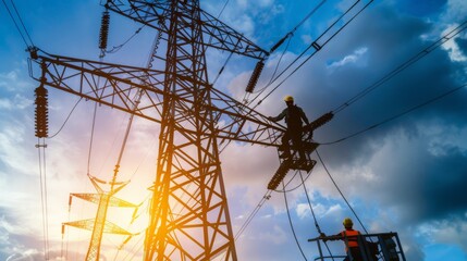 Wall Mural - Workers installing power lines on a tower with a crane, demonstrating the ongoing maintenance and expansion of electrical networks.