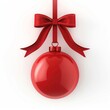 © sorapop - Design a 3D icon of a festive red paper round Christmas ball tag, hanging elegantly from a shiny red ribbon and bow, isolated on a white background, AI Generative