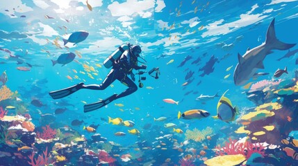 diver among fish