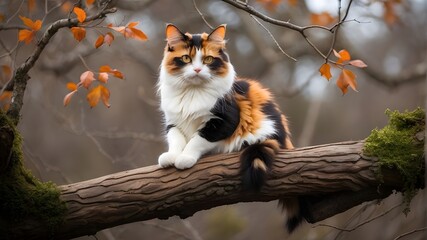Wall Mural - A majestic calico cat perched gracefully on a gnarled tree branch, its fur a beautiful blend of orange, black, and white.
