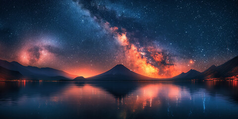 Wall Mural - landscape with a colorful Milky way in starry night sky above peak of mountain inactive volcano and ocean waters