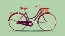 Flat Solid Color Illustration Of A Burgundy Vintage Bicycle With A Woven Basket On A Mint Green Background