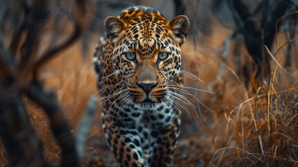 Wall Mural - Intense portrait of a leopard, the depth of its gaze capturing the essence of the wild, AI Generative