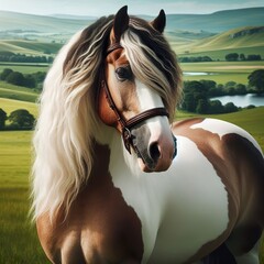 Wall Mural - A magnificent, well-groomed horse standing majestically in a lush green field