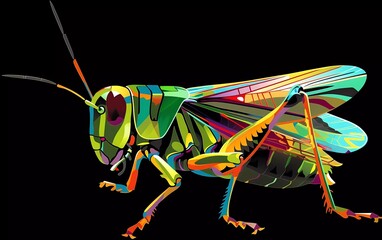 grasshopper drawn using WPAP art style, isolated black background, pop art, vector illustration.