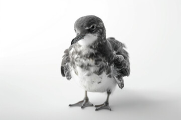 Wall Mural -  A Monochrome Image of a Ruffled Juvenile Bird on a Smooth White Background