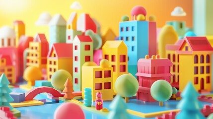  3D render mini town illustration 16K cute landscape aspect ratio 2:1 pastel color, happy color, for kids banner, kids event