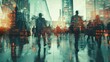 © uut - Network and internet communication concept. Silhouettes of business people in abstract city with double exposure of blurry network interface