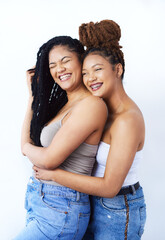 Poster - Studio, women and lgbtq with smile in fashion for gay pride, romantic and solidarity on white background. Lesbian, partner and couple with care in love for style, support and happiness together