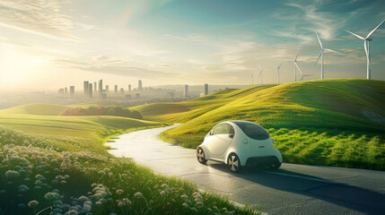 Electric car driving on the road with flower field wind turbine and city buildings background. Electric vehicle green energy environmental conservation concept.