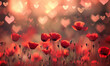 a magical field of red poppy flowers with bokeh hearts
