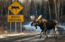 A Moose Crossing The Road Near A "MOOSE CROSSING" Sign In Alaska, USA. The Yellow And Black Warning Sign Is Located On The Side Of Two Pastel Gray Metal Guard Blades Along Highway