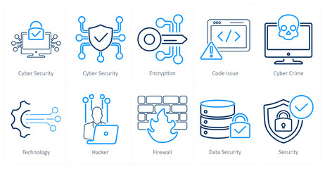 a set of 10 cyber security icons as cyber security, encryption, code issue