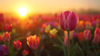 a beautiful field of fresh tulips in sunset light