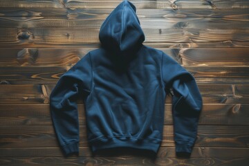 Blue Hoodie on Wooden Background - Fashion Apparel Mockup