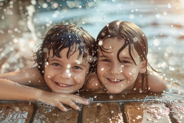 A group of happy smiling children having fun splashing in the swimming pool on a sunny day