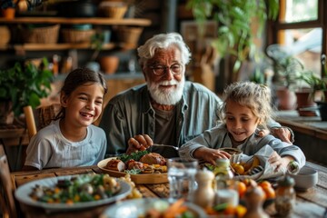 Multi generation family, father, grandfather and grandchildren gathered around table, having lunch together in the kitchen at home, Generative AI