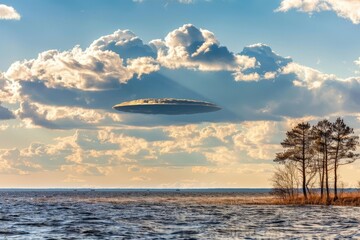 Mysterious unidentified flying object in bright daytime sky over the serene baltic sea