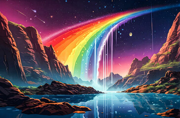 A cosmic rainbow bridge spanning the void between two parallel universes, with travelers passing through on their way to alternate realities vector art illustration image.
