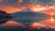 Fuji Mountain reflection on Lake Kawaguchiko at sunset, calm water, Japan. Blue sky, Autumn 