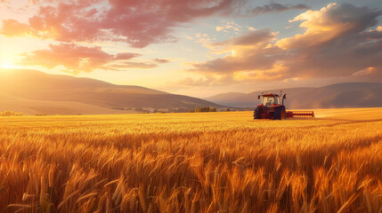 Wall Mural - Wheat field at sunset, agricultural fields with tractor, Harvester machine working at wheat field.