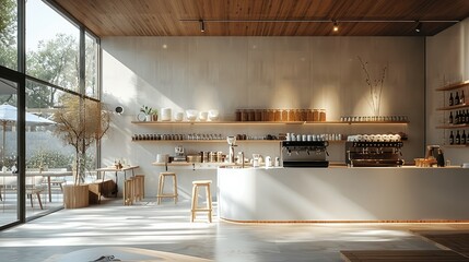Poster - Modern architecture interior design, a minimal style cafe, a small cafe with dining area and counter. Generative AI.